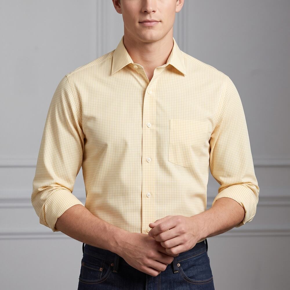 Van Heusen Men's Gingham Dress Shirt Regular Fit Long Sleeve Yellow L